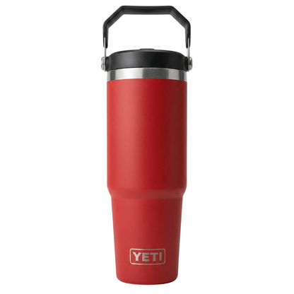 Vaso térmico Yeti Rambler de 30 onzas en color rojo intenso (Rescue Red) con acabado Duracoat mate. Incluye tapa Straw Lid con sorbete y un asa de transporte superior abatible en color negro. Cuerpo de acero inoxidable con el logotipo de Yeti grabado en la base.